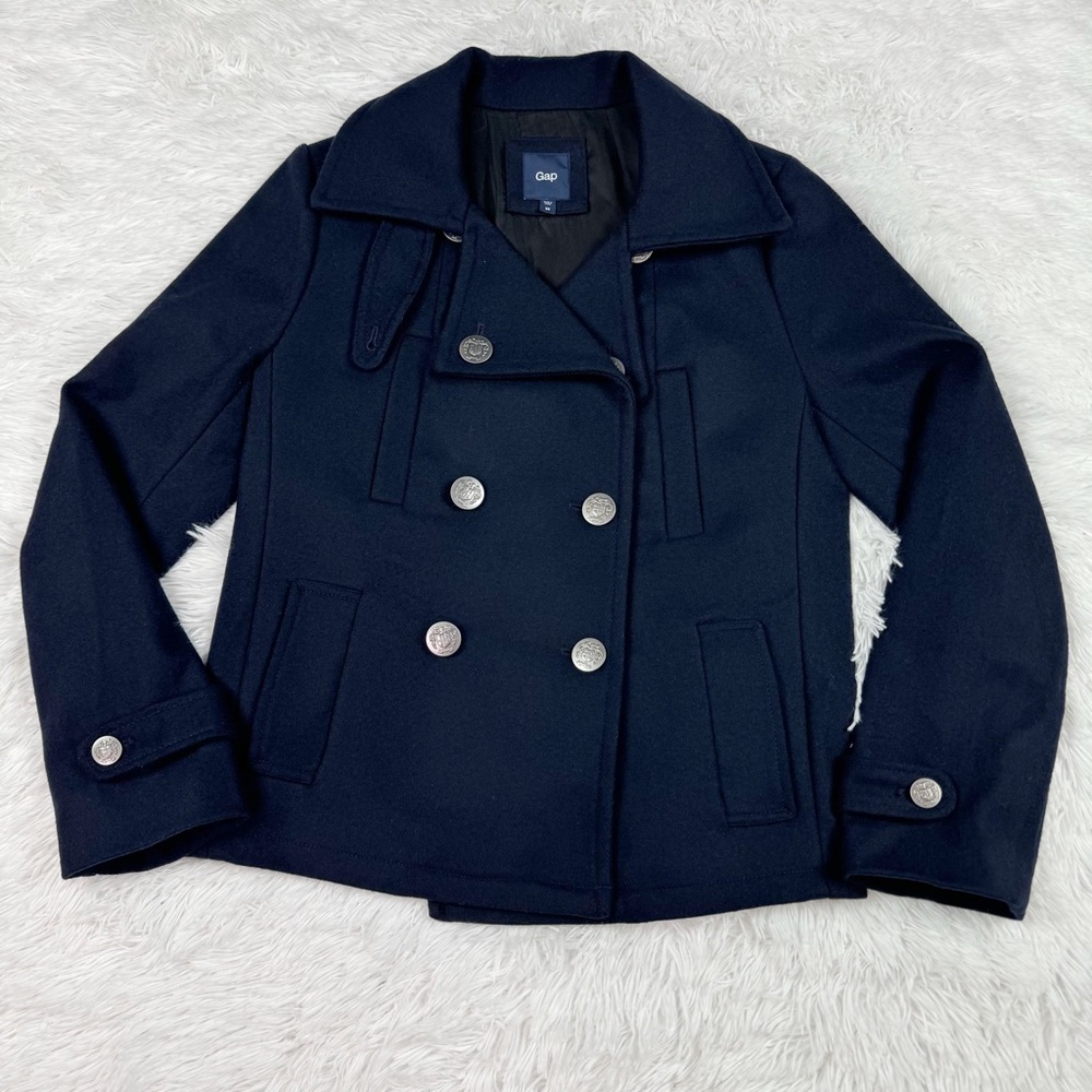 Gap long sleeve wool blend double breasted pea coat in navy‎ blue gold button